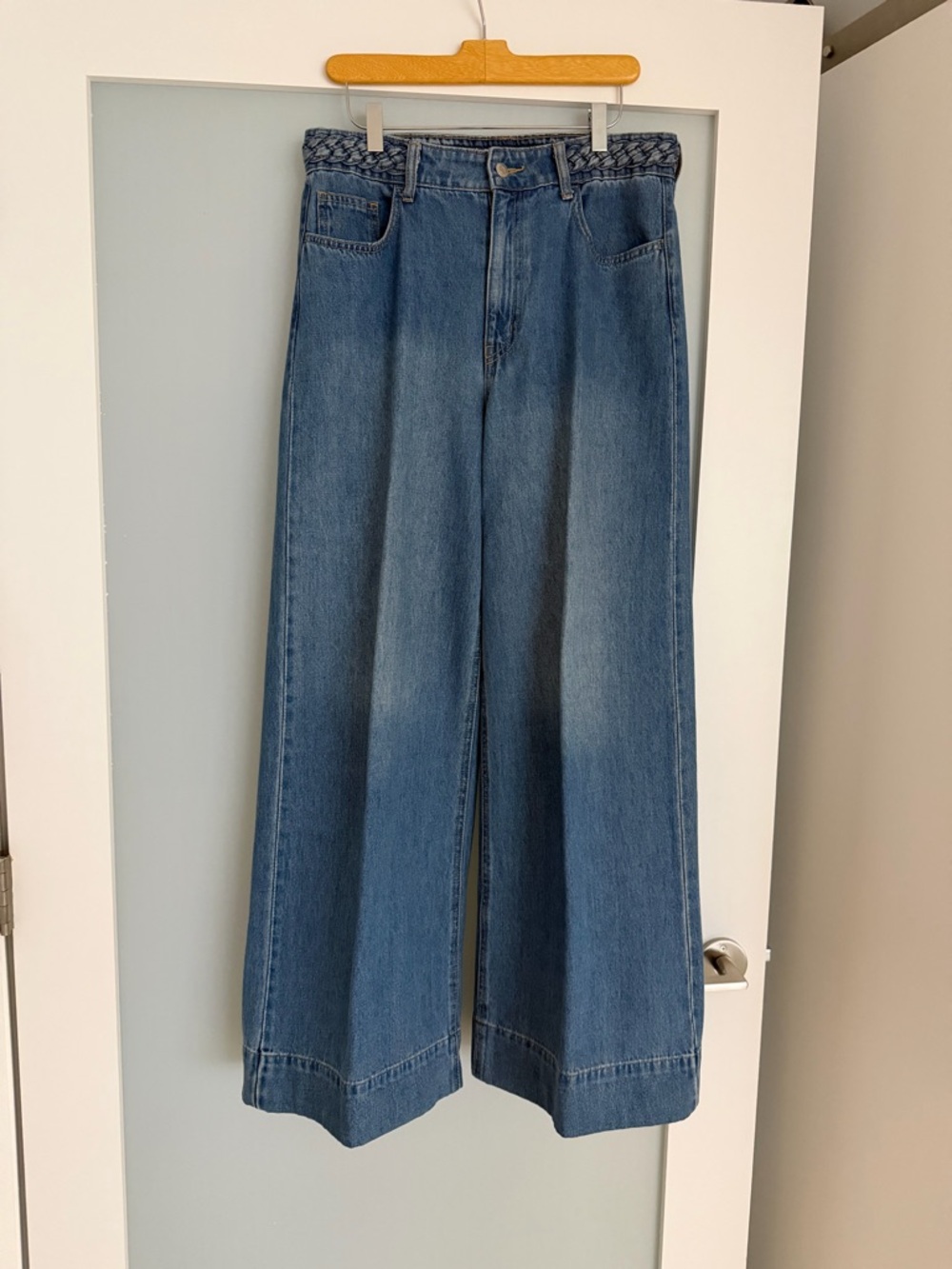 H&M Wide-Leg Mid Blue Denim Jeans with Braided Waistband